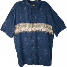 Island Shores mens XL Hawaiian Cruise Palm Tree shirt Wood button Blue Rayon