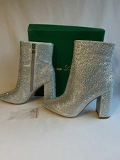 Lauren Lorraine Boots Womens Size 5.5 Silver JAM Rhinestone Ankle Block Heel