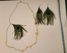 L1 Vintage Womens Coin Peacock Feather Necklace/ Matching Earrings Green