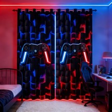 Gamer Curtains for Boys Room,Black Red Blue Gaming Blackout Curtains for Bedr...