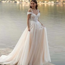 Off Shoulder Wedding Dresses Lace Appliques Tulle A Line Bridal Gowns Long Train