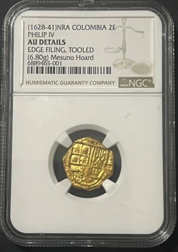 Mesuno Hoard 2 Escudo Minted in Colombia NGC Grade AU Details Philip IV
