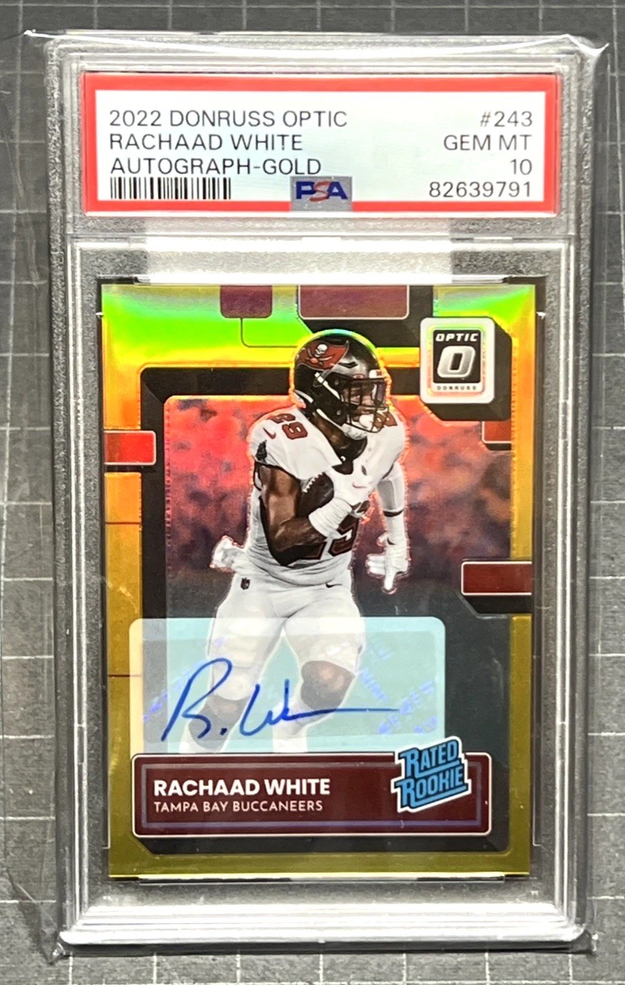 PSA 10 Rachaad White 2022 Panini Donruss Rookie Auto Gold Prizm 6/10 Pop 1