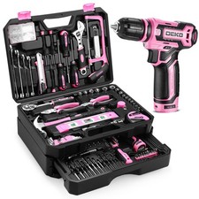 DEKOPRO Pink Tool Kit Box Drill Set Home Mechanic Toolbox with 12V Power Cord