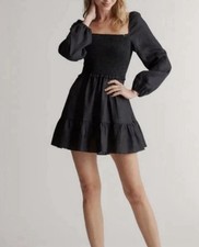 Quince Black Smocked Balloon Sleeve Mini Dress 100% Linen Square Neck Size M