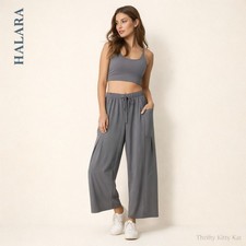 Halara Play It My Way Wide Leg Cargo Pocket Drawstring Athleisure Pants Gray L