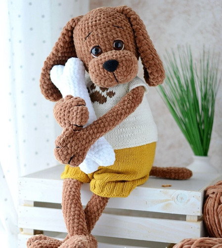 Gehäkelter Hund, 17" gehäkelter Welpe, handgefertigter Welpe mit langen Ohren, Amigurumi Welpe - Bild 1 von 6