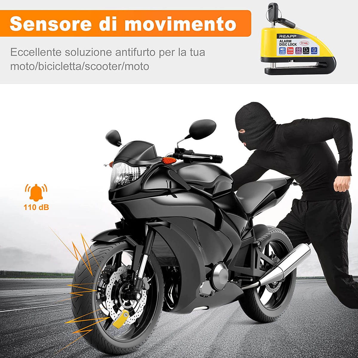 Lucchetto Antifurto Per Moto Con Allarme 110DB - Bloccadisco Impermeabile Da 7mm Con Cavo Promemoria 1.5m Per Bici E Scooter - Foto 3