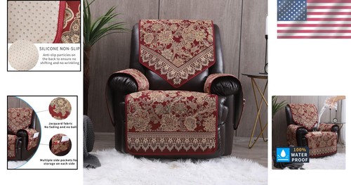 Red Jacquard Floral Recliner Cover - Waterproof & Non-Slip Furniture Protector - Picture 2 of 10