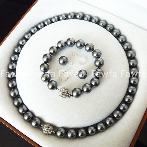 Genuine AAA+10/12/14mm Black South Sea Shell Pearl Necklace Bracelet Earring Set - Picture 2 of 9