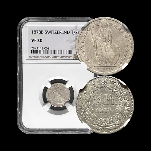 SWITZERLAND. 1878, 1/2 Franc, Silver, B - NGC VF20 - Helvetia, Bern, KEY DATE