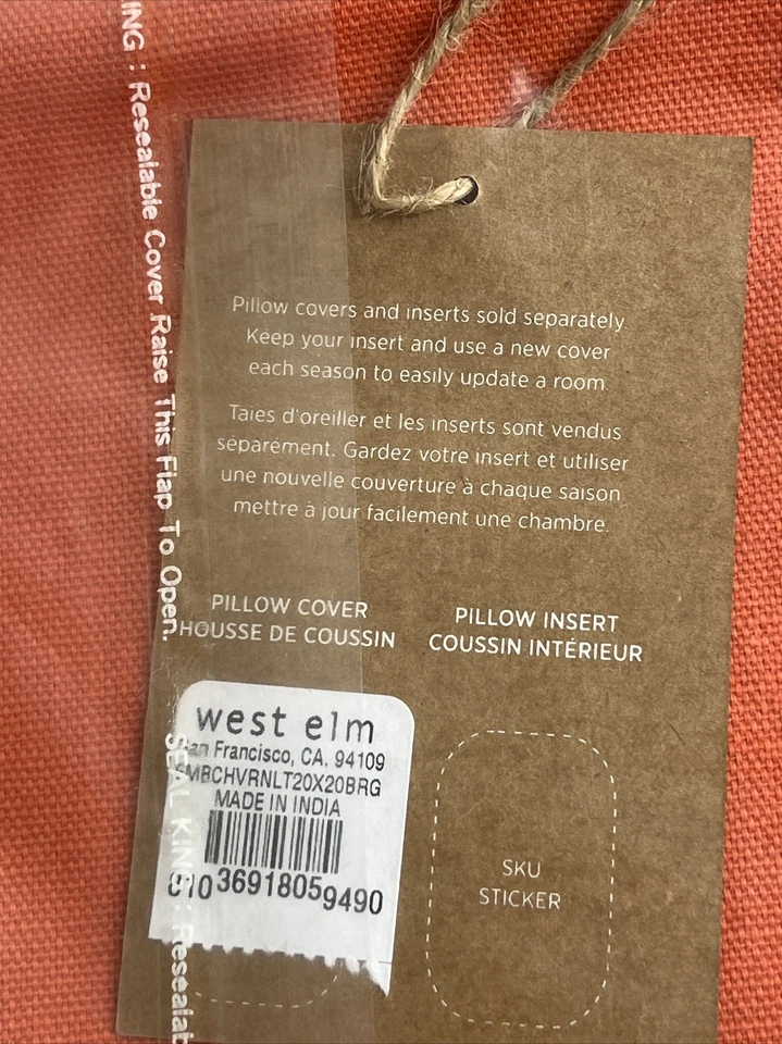 2 West Elm Throw Pillow Cover Shams 20x20 Embroidered Gray Coral Button Back NEW - Image 4 of 4