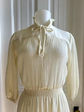 70s 80's Gunne Sax Style Dress S/M Cream Gauzey Translucent Vintage 26 stretch