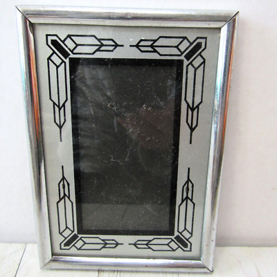 抽象画 アルミフレーム 約18cm x 14cm Vtg Reverse Painted Art Deco Picture Frame Silver Black