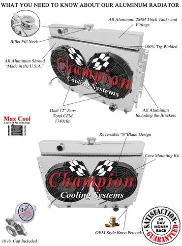 3 Row Champion Radiator for 1966-1968 Chevy Caprice With Upgraged 12" Spal Fans - Picture 3 of 3