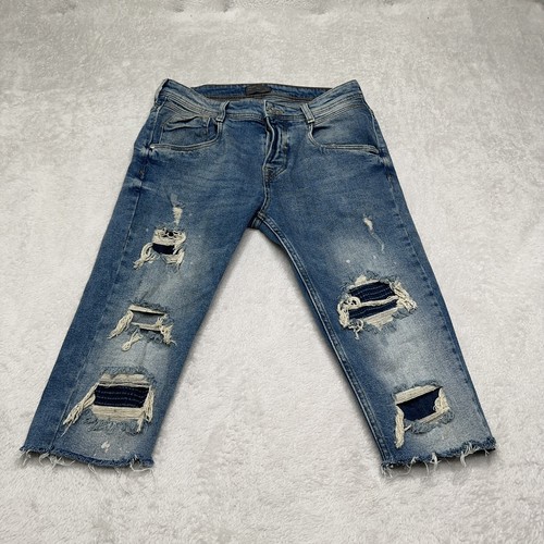Zara Man Shorts Mens 30 Blue Denim Button Fly Distressed Cut Off Paint Splatter - Picture 5 of 11