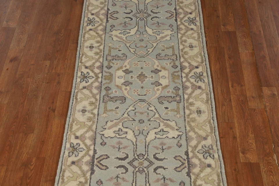 Bohemian Oushak Indian Runner Rug Hand-Knotted Blue Color 3x10 ft - Image 4 of 4
