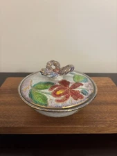 Hand Painted Italy Pottery Red Florals Knotted Handle Round Trinket Dish w/ Lid