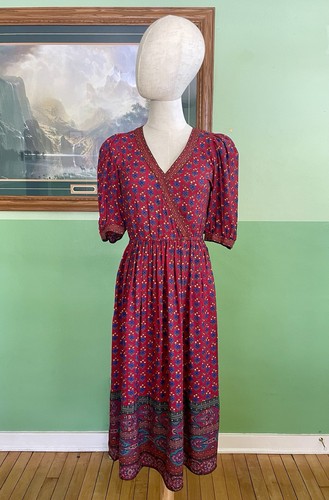 VTG 70s Red French Country Romance Dress Provencal Pierre Deux Souleiado Style