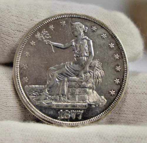 Authentic US Trade Silver Dollar 1877 S AU Details (Altered Surfaces)