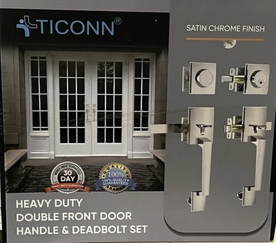 TICONN Heavy Duty Double Front Door Handle & Deadbolt Set - Satin Chrome Finish