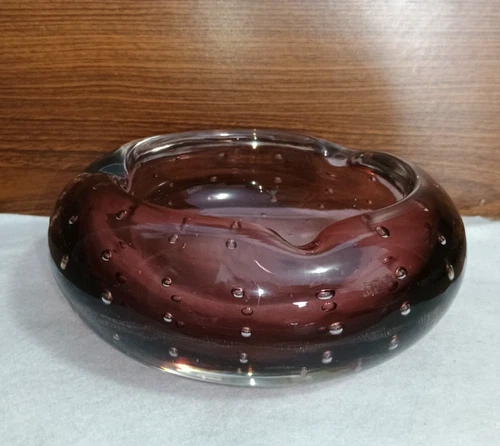 Vintage MCM Art Glass Ashtray Candy Dish Bowl Amethyst Purple Glass with Bubbles