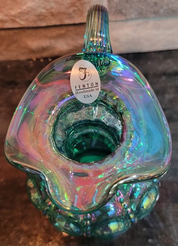 Fenton Green Iridescent Beaded Drape Pitcher Carnival 95th Anniversary - Picture 5 of 9