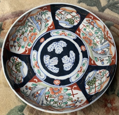 Ciotola porcellana giapponese Imari Ware colorata fatta a mano 10 pollici epoca Edo non marcata - Foto 1 di 5
