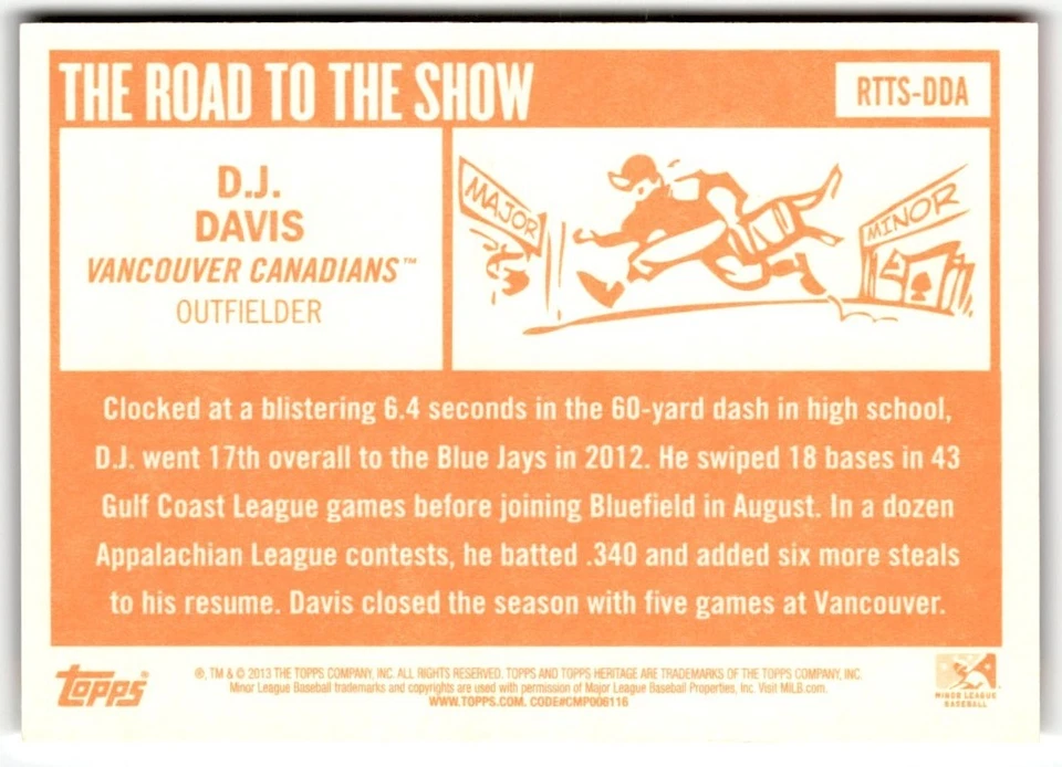 D.J. Davis 2013 Topps Heritage Minor League Road to the Show #RTTS-DDA Vancouver - Image 2 of 2