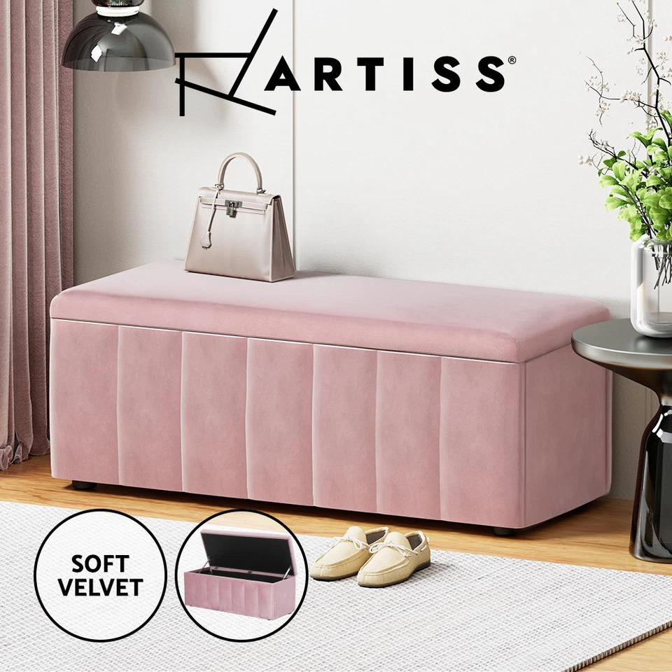 Artiss Storage Ottoman Blanket Box Bench 103cm Velvet Chest Foot Stool Pink