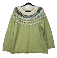 CJ Banks Womens Green Fair Isle Pullover Sweater Plus Size 1X Preppy Ski Cozy