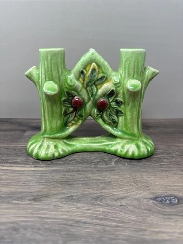 Vintage  Weller Style Pottery Apple Tree Double Bud Vase