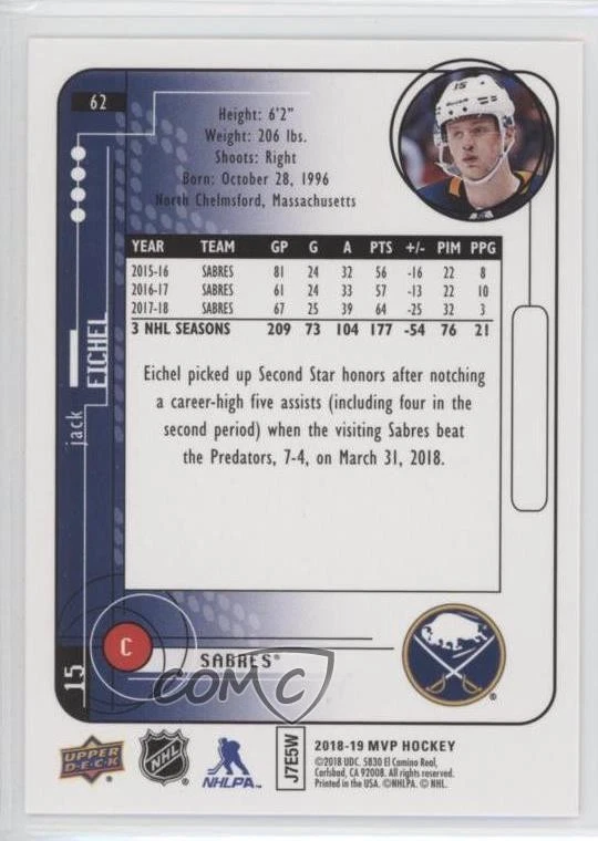 2018 Upper Deck MVP 1998-99 20th Anniversary Tribute Silver Script Jack Eichel - Image 2 of 2