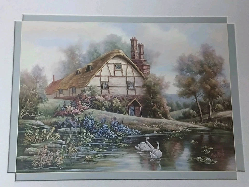 Carl Valente Print English Cottage Swans Double Matted Framed 12 X 10 - Image 2 of 4