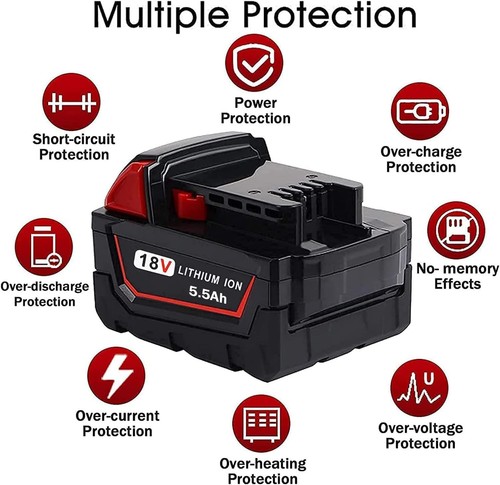 2 Pack 18V 5500mAh Replacement for Milwaukee M18 Battery 48-11-1810 48-11-1820 - Picture 4 of 7