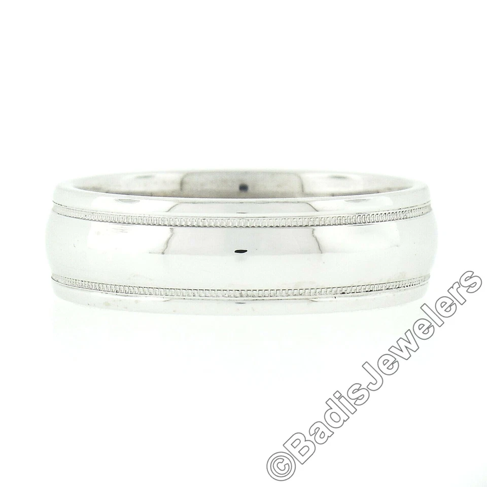 Anillo de boda clásico tallado artístico de oro blanco de 14 k pulido con milgrain para hombre Foto 4 de 4