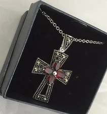 Women Garnet & Mercasite Cross pendant with 18" necklace in a gift box New