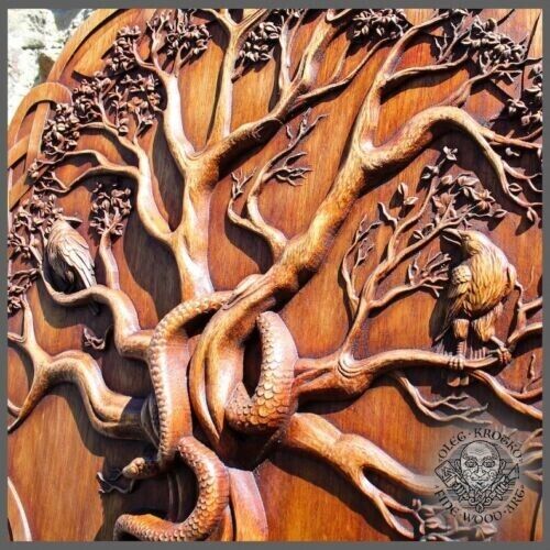 Icon home decor deer Old Norse wood carving picture Yggdrasil Ravens Viking - Picture 1 of 8