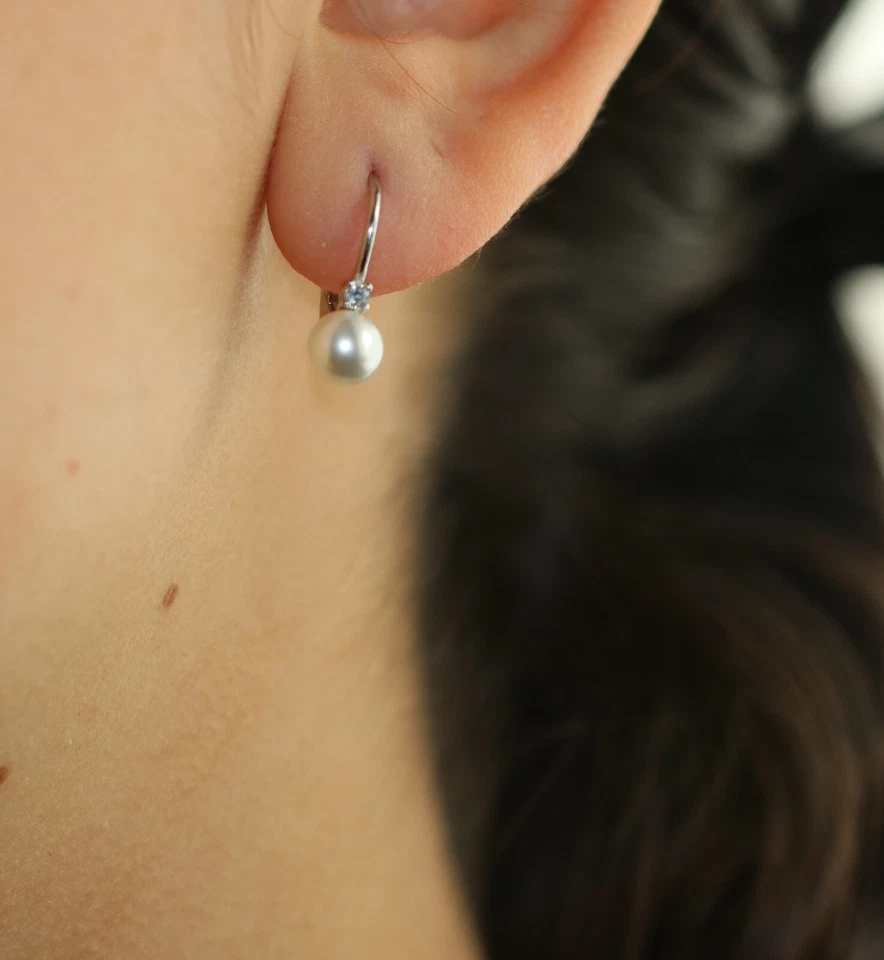 orecchini tutto vero argento 925 monachella perla chiara e punto luce brillante - Immagine 2 di 4