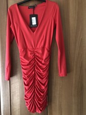 PRETTY LITTLE THING SHAPE RED SLINKY RUCHED MINI DRESS - SIZE 8