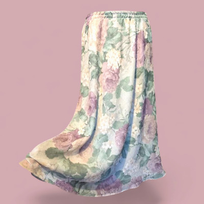 VINTAGE 90s Earthy Green Watercolor Floral Garden Rose Midaxi Skirt M 10 1E