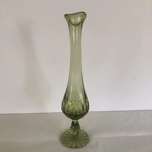 Fenton Vintage 1960's Green Art Glass Swung Stretch Pedestal Bud Vase MCM 10.5"