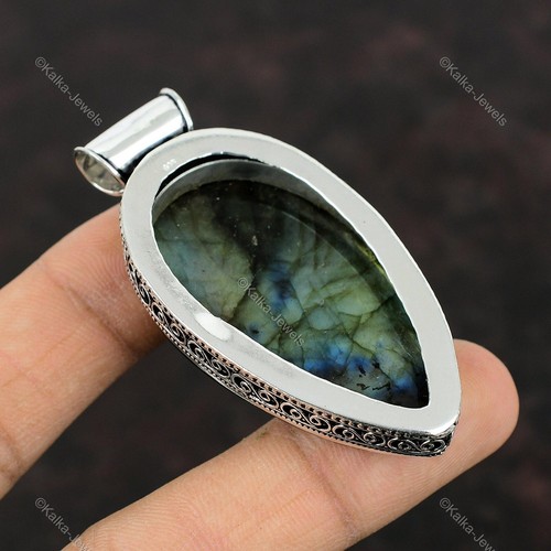 Natural Mystic Fire Labradorite Gemstone Pendant Vintage Blue 925 Silver - Picture 6 of 9