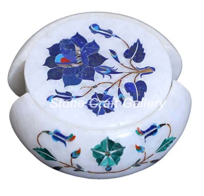 Marble Tea coasters Handmade Semi Precious stones Floral Inlay Home Decor