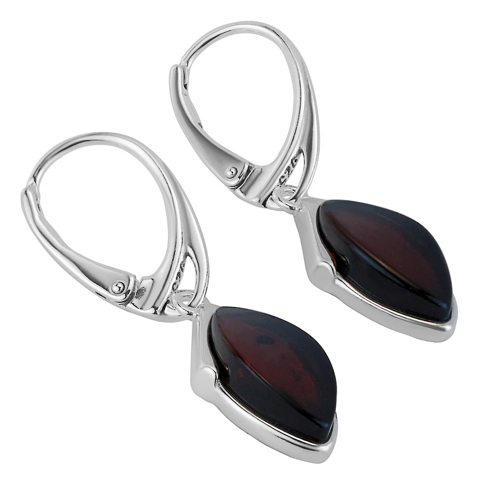 925 Solid Pure Sterling Silver Dark Red Baltic Amber Marquise Leverback Earrings - Image 4 of 4
