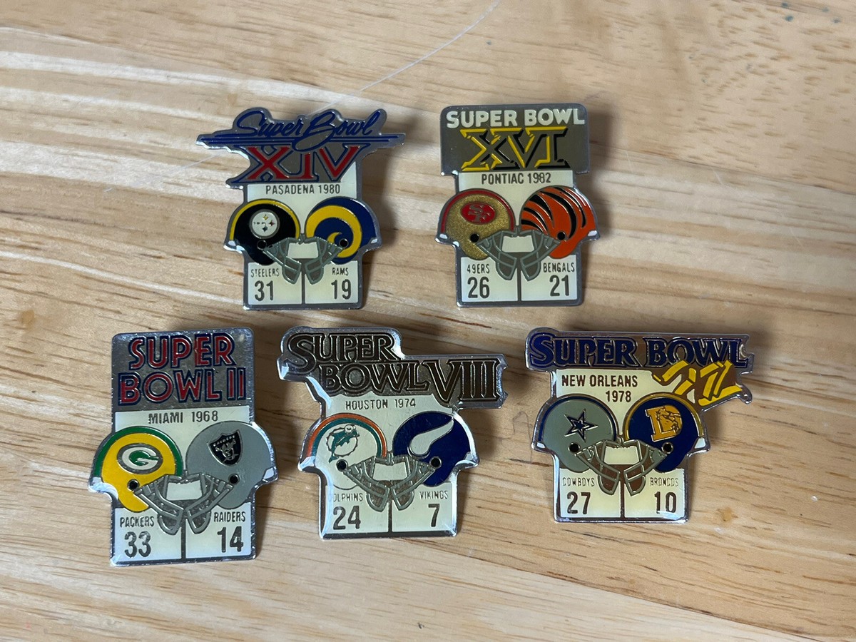 Vintage NFL Super Bowl Starline Pins 1968, 74, 78, 80, 82 II, VII