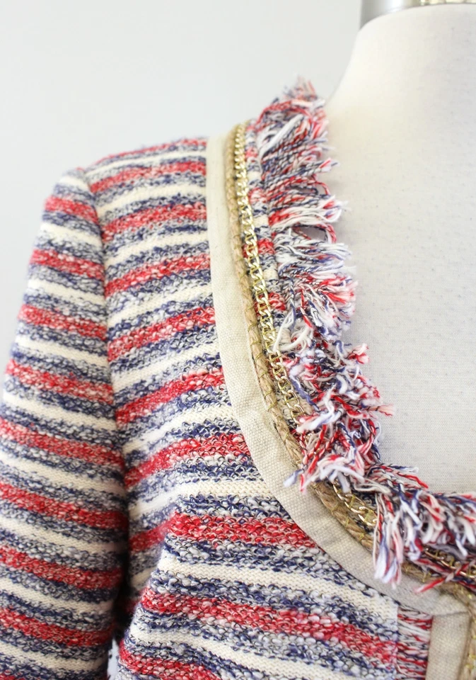 Blazer Traje Chaqueta Boston Proper Rojo Azul Rayas Flecos Ribete Cadena Talla 8 Foto 3 de 4