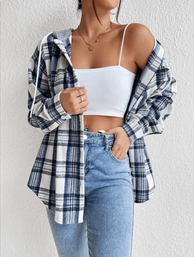 Chemise Polaire Légère à Carreaux Bleu Et Blanc Avec Capuche Grise - Taille L (42-44)