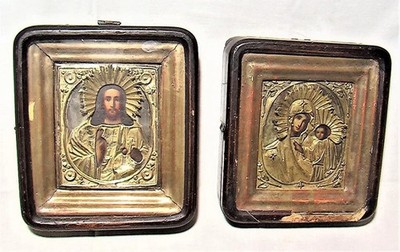 Zwei Paar antike Ikonen Heiland Mutter Gottes Religion christliches Holz, Messingrahmen