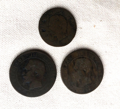 Lot of 3 French Napoleon III 1/ 5 & 10 centimes coins 1855B & 1856B